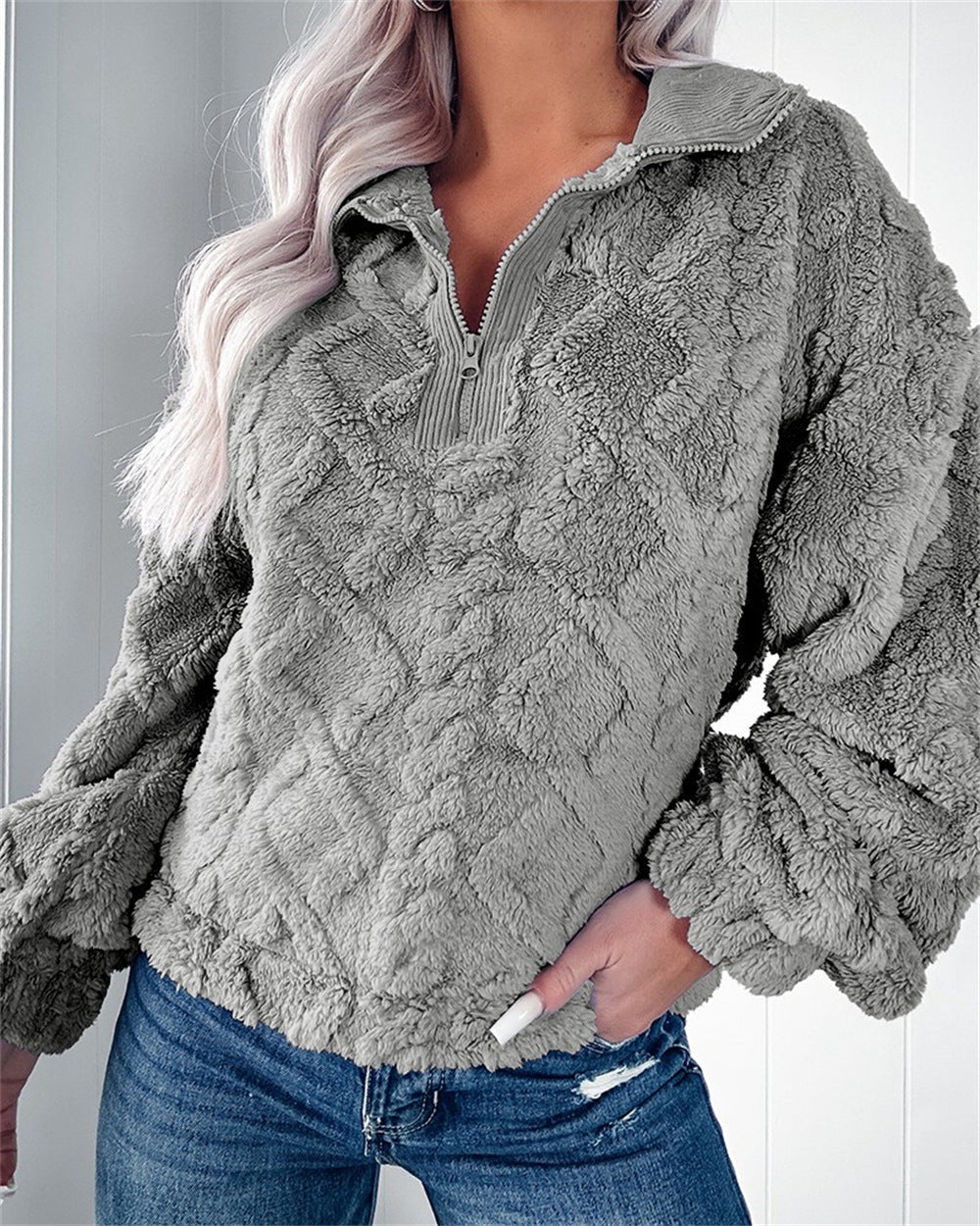 Women's Fleece Pullover with Zip-Neck, Textured Finish – Casual Wear, Outdoor Activities