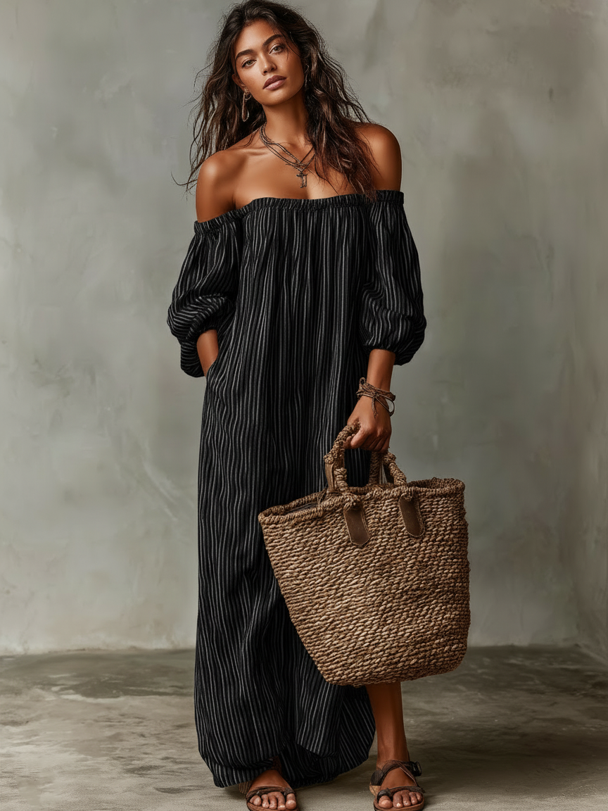 Off-Shoulder Cotton-Linen Maxi Dress for Women - Long Sleeves, Vacation Ready