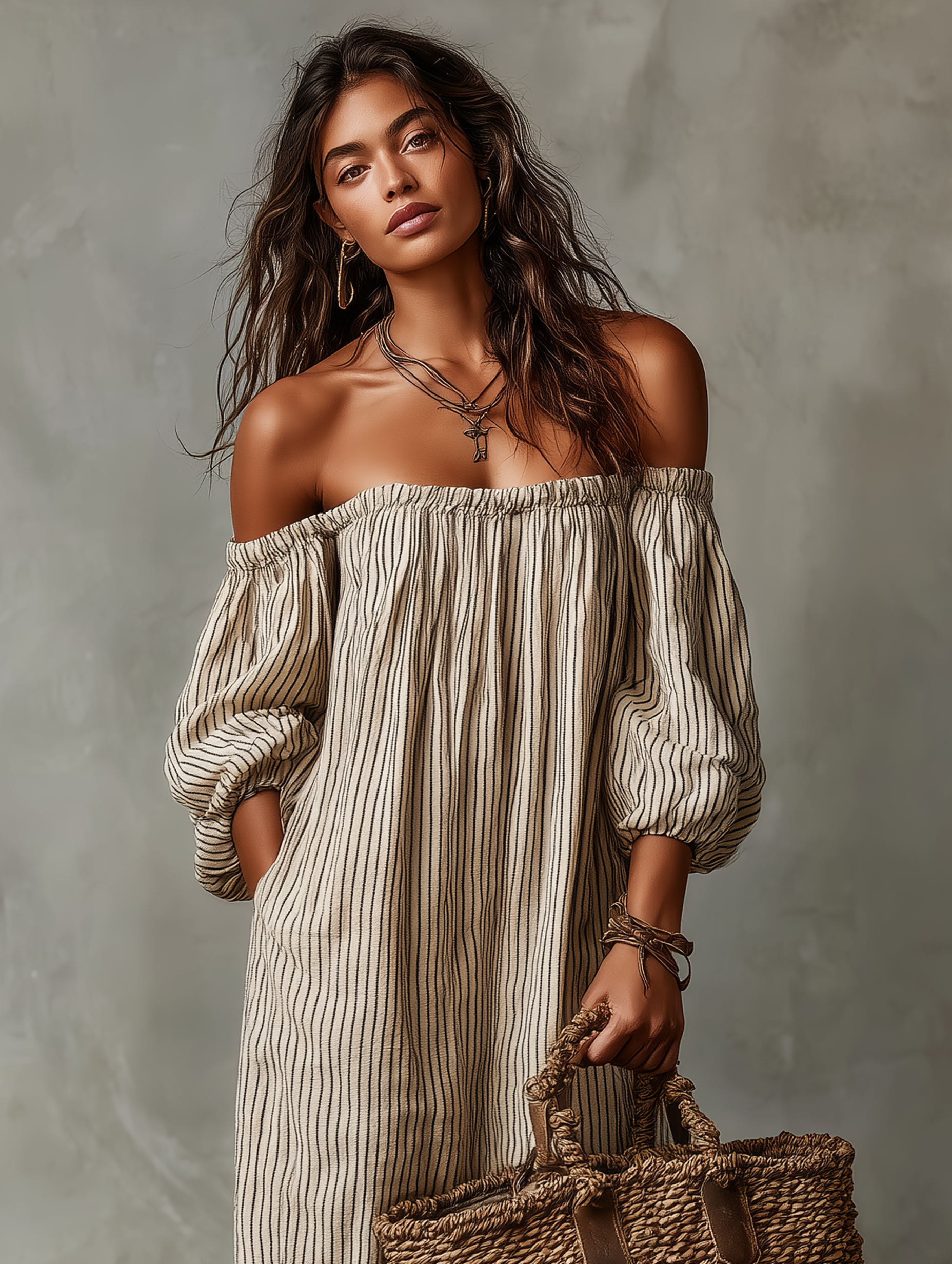 Off-Shoulder Cotton-Linen Maxi Dress for Women - Long Sleeves, Vacation Ready