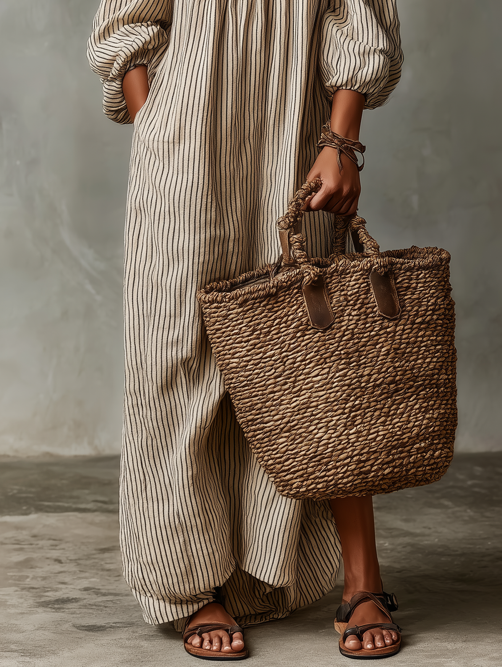 Off-Shoulder Cotton-Linen Maxi Dress for Women - Long Sleeves, Vacation Ready