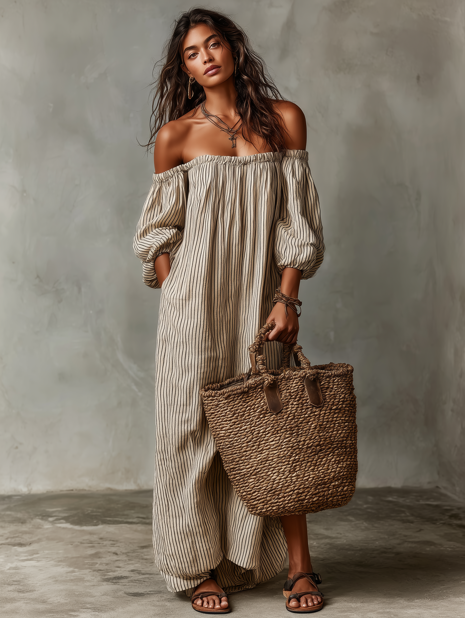 Off-Shoulder Cotton-Linen Maxi Dress for Women - Long Sleeves, Vacation Ready