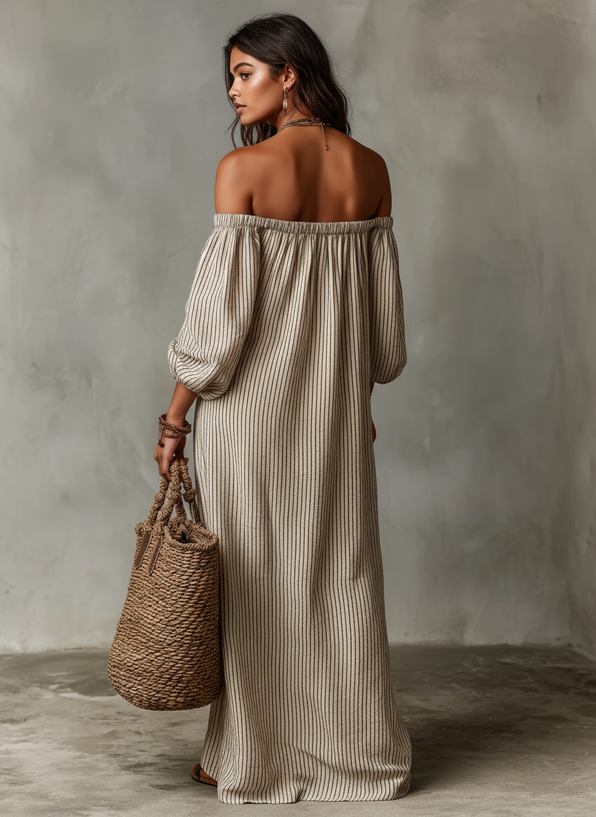 Off-Shoulder Cotton-Linen Maxi Dress for Women - Long Sleeves, Vacation Ready