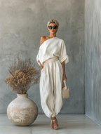 Off-White Linen Off-Shoulder Casual Top and Tapered Pants Set for Women