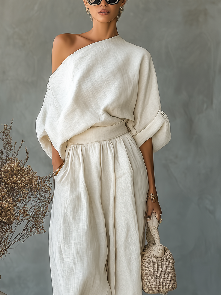 Off-White Linen Off-Shoulder Casual Top and Tapered Pants Set for Women