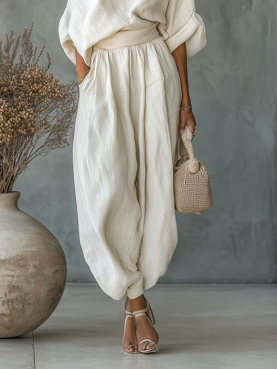 Off-White Linen Off-Shoulder Casual Top and Tapered Pants Set for Women