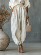 Off-White Linen Off-Shoulder Casual Top and Tapered Pants Set for Women
