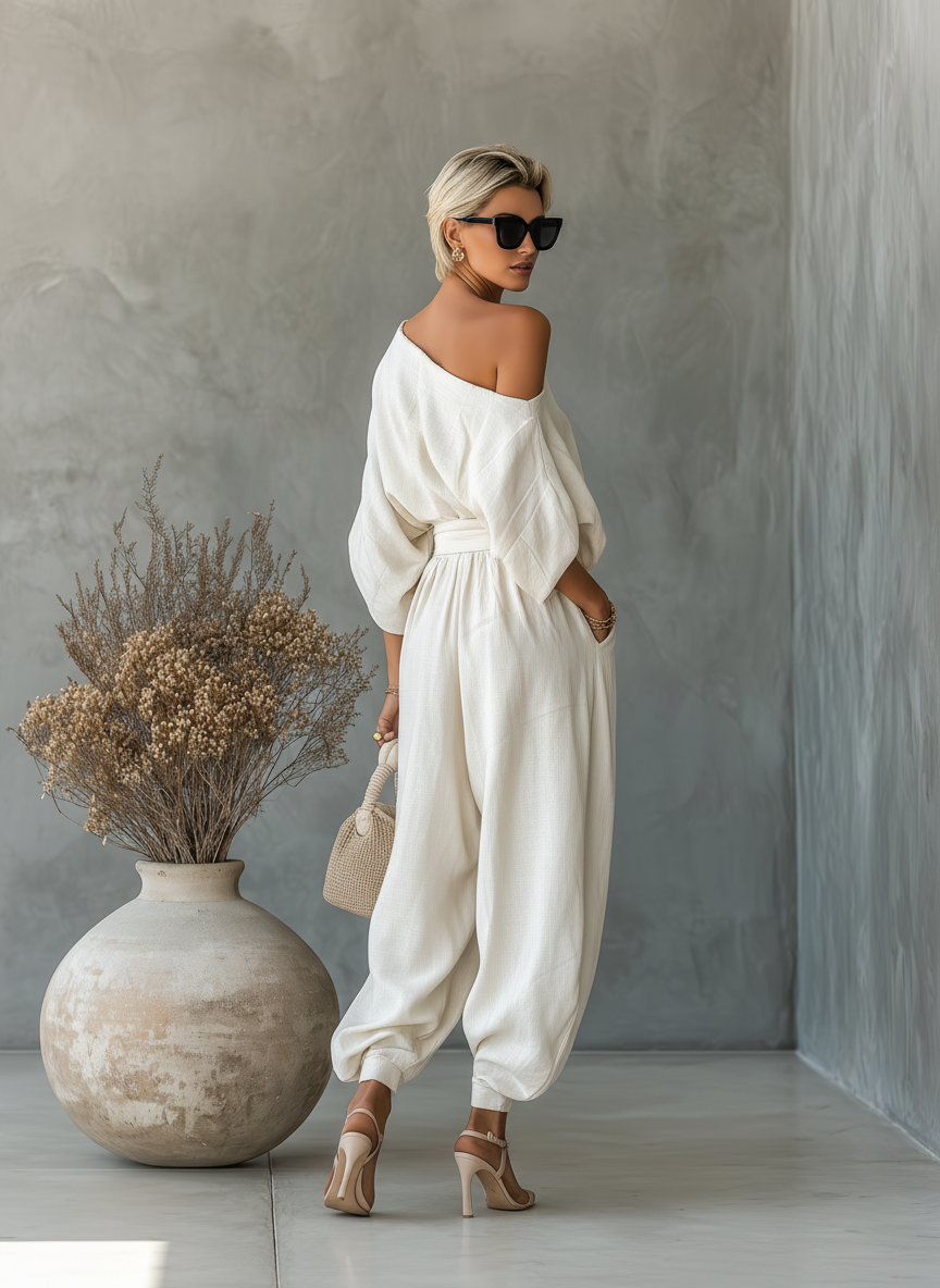Off-White Linen Off-Shoulder Casual Top and Tapered Pants Set for Women