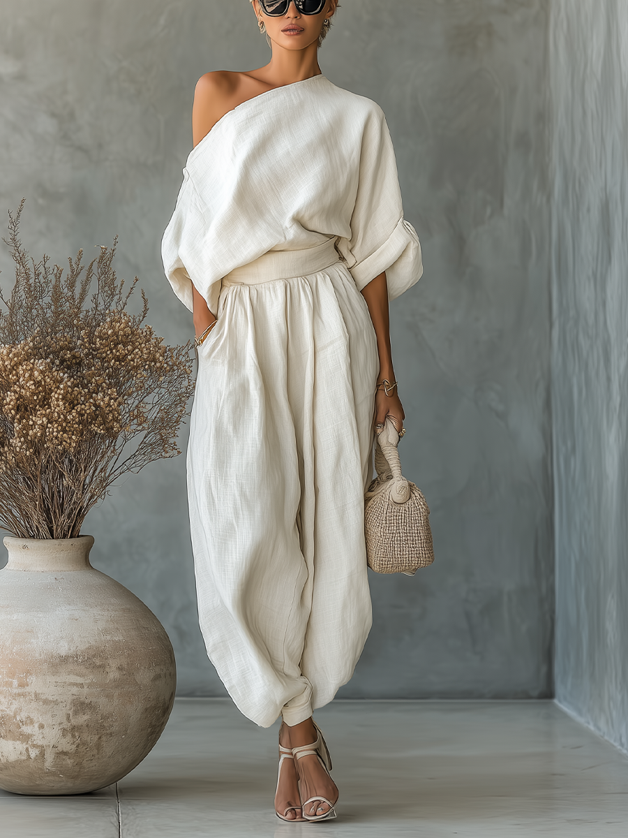 Off-White Linen Off-Shoulder Casual Top and Tapered Pants Set for Women