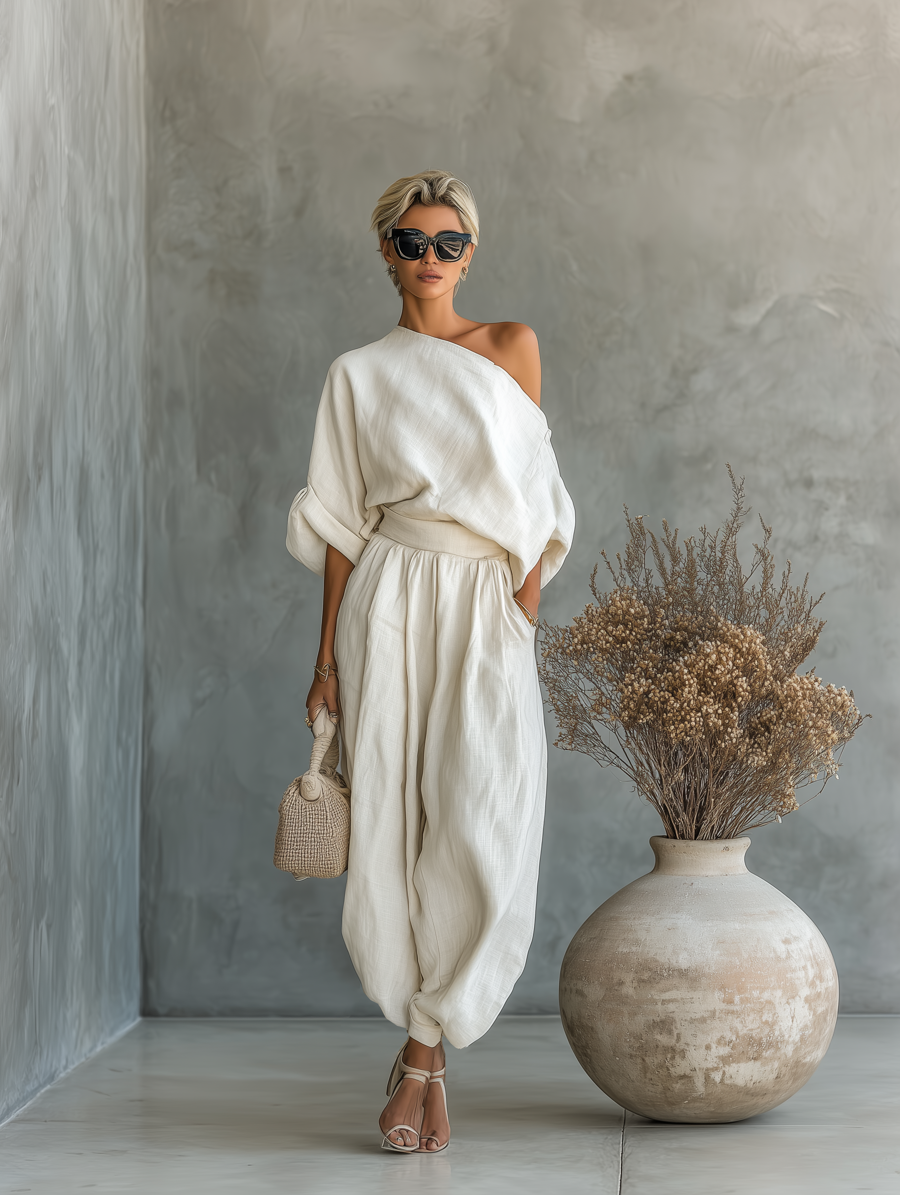 Off-White Linen Two-Piece Set - Off-Shoulder Top & Tapered Pants for Summer Casual Wear