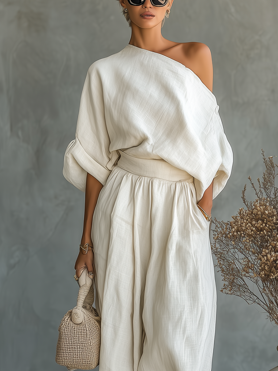 Off-White Linen Two-Piece Set - Off-Shoulder Top & Tapered Pants for Summer Casual Wear