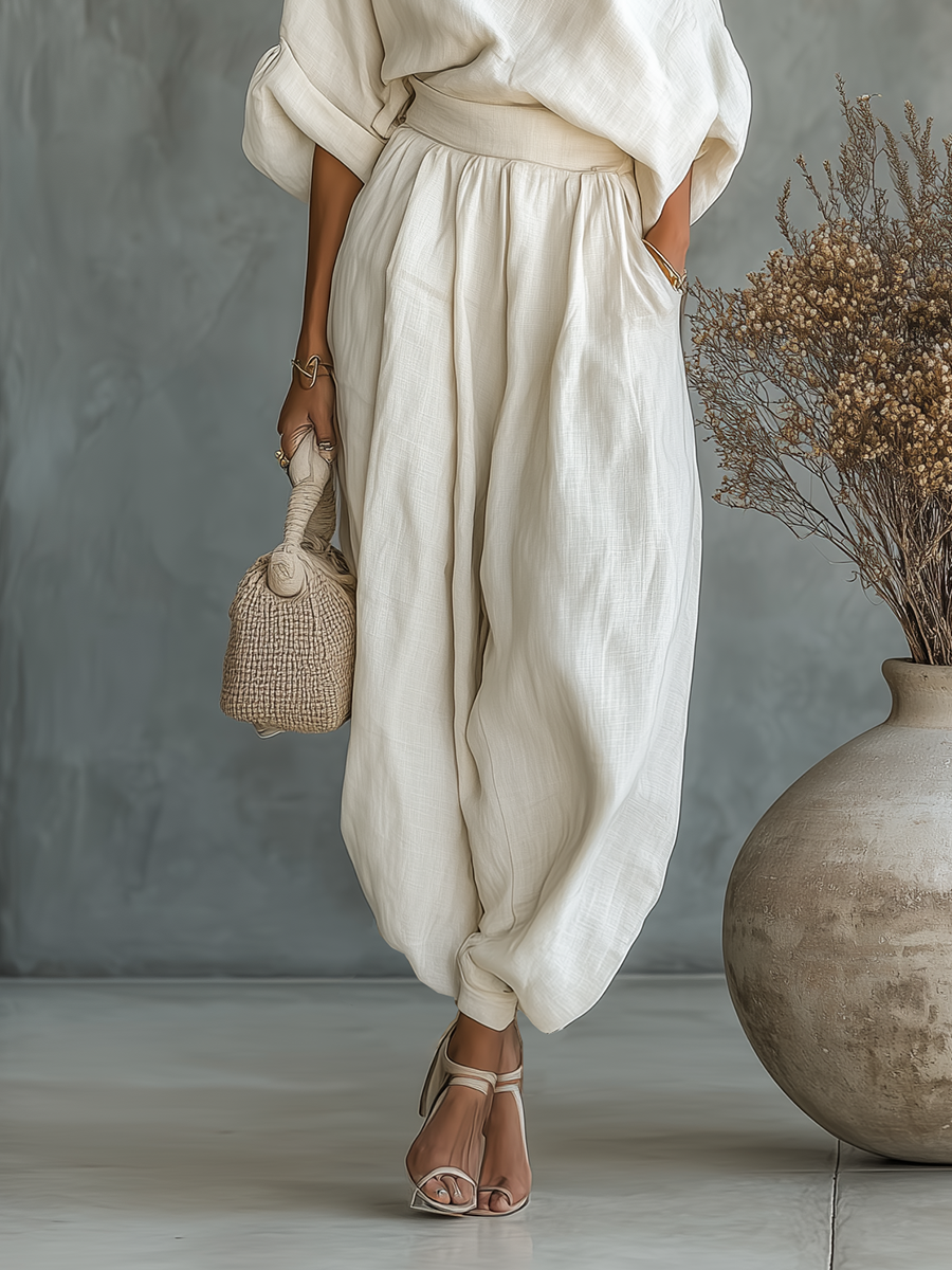 Off-White Linen Two-Piece Set - Off-Shoulder Top & Tapered Pants for Summer Casual Wear