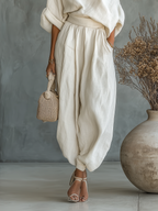 Off-White Linen Two-Piece Set - Off-Shoulder Top & Tapered Pants for Summer Casual Wear