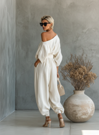 Off-White Linen Two-Piece Set - Off-Shoulder Top & Tapered Pants for Summer Casual Wear