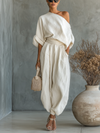 Off-White Linen Two-Piece Set - Off-Shoulder Top & Tapered Pants for Summer Casual Wear