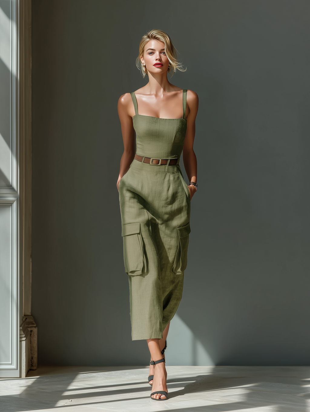 Olive Green Linen Midi Dress Women UK – Sleeveless Dress with Cargo Pockets & Belted Waist, Garden Party & Resort Holiday