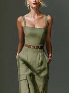 Olive Green Linen Midi Dress Women UK – Sleeveless Dress with Cargo Pockets & Belted Waist, Garden Party & Resort Holiday