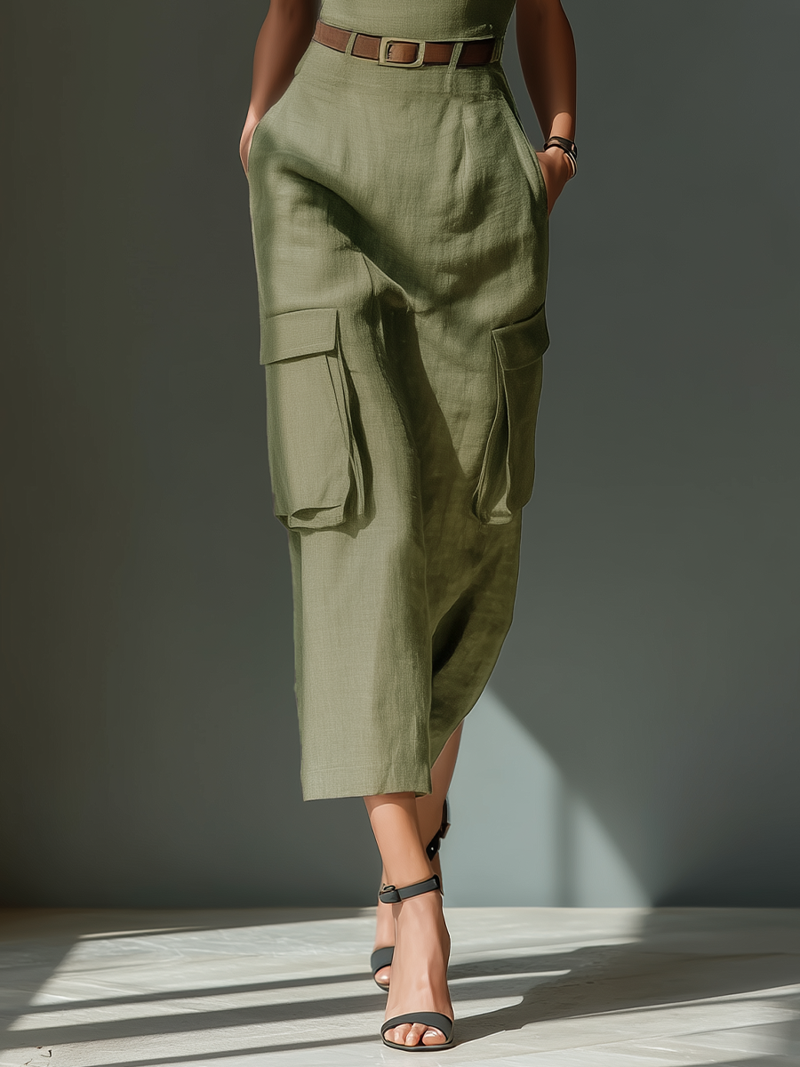 Olive Green Linen Midi Dress Women UK – Sleeveless Dress with Cargo Pockets & Belted Waist, Garden Party & Resort Holiday