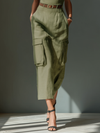 Olive Green Linen Midi Dress Women UK – Sleeveless Dress with Cargo Pockets & Belted Waist, Garden Party & Resort Holiday