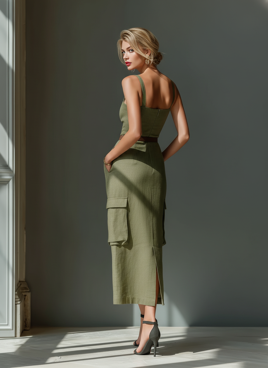Olive Green Linen Midi Dress Women UK – Sleeveless Dress with Cargo Pockets & Belted Waist, Garden Party & Resort Holiday