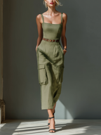 Olive Green Linen Midi Dress Women UK – Sleeveless Dress with Cargo Pockets & Belted Waist, Garden Party & Resort Holiday