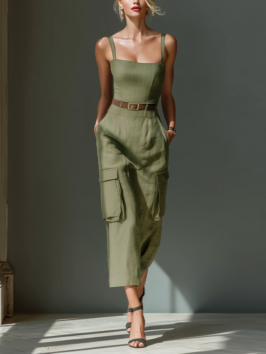 Olive Green Linen Midi Dress Women UK – Sleeveless Dress with Cargo Pockets & Belted Waist, Garden Party & Resort Holiday