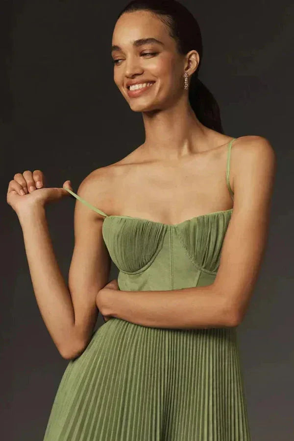 Olive Green Pleated Midi Dress Women UK – Wedding Guest Garden Party Evening Gown, Cocktail Attire