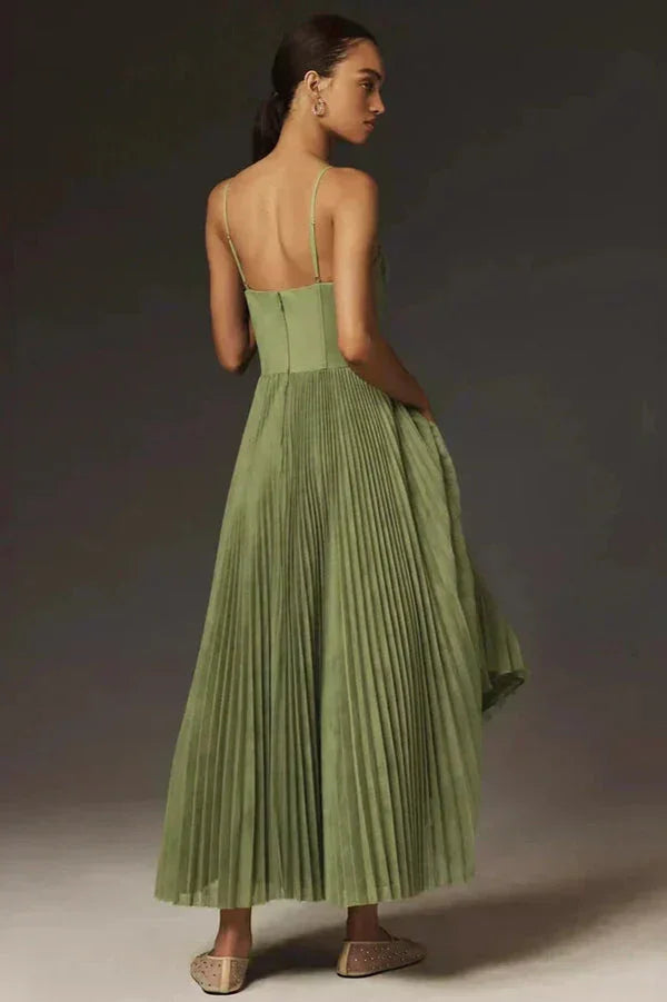 Olive Green Pleated Midi Dress Women UK – Wedding Guest Garden Party Evening Gown, Cocktail Attire