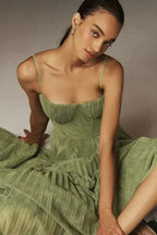 Olive Green Pleated Midi Dress Women UK – Wedding Guest Garden Party Evening Gown, Cocktail Attire