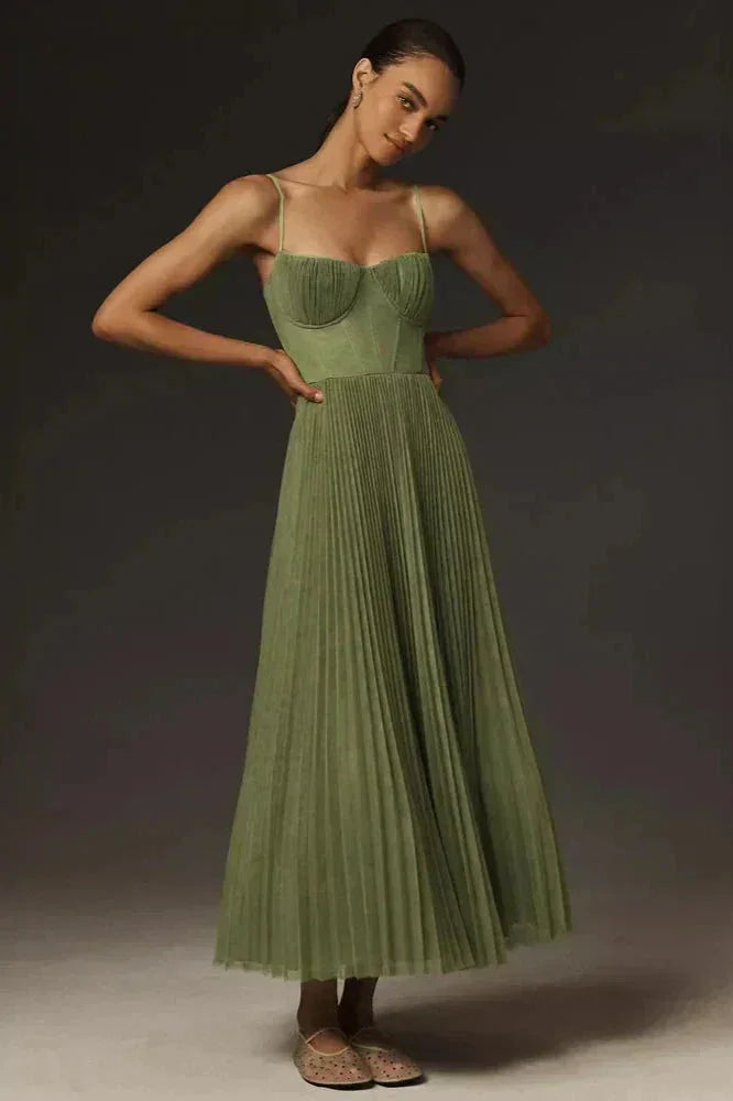 Olive Green Pleated Midi Dress Women UK – Wedding Guest Garden Party Evening Gown, Cocktail Attire