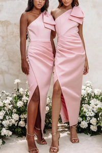 One Shoulder Bow Wrap Asymmetric Pink Dress for Women - Wedding Guest Attire