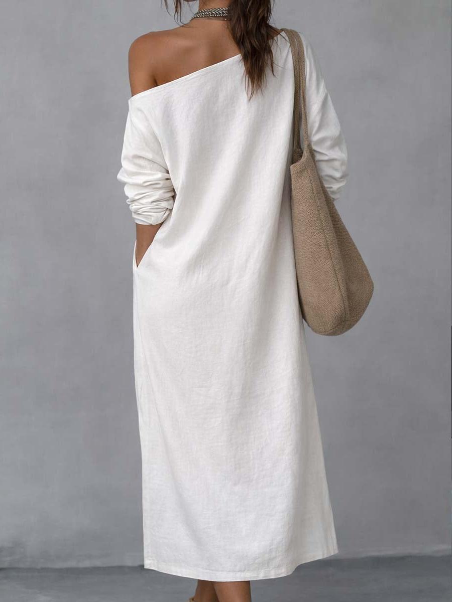 One Shoulder Cotton Linen Midi Dress with Split Hem for Casual Wear