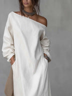 One Shoulder Cotton Linen Midi Dress with Split Hem for Casual Wear