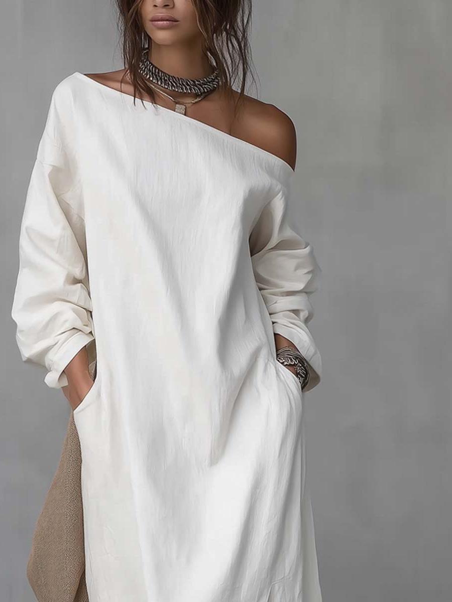 One Shoulder Cotton Linen Midi Dress with Split Hem for Casual Wear