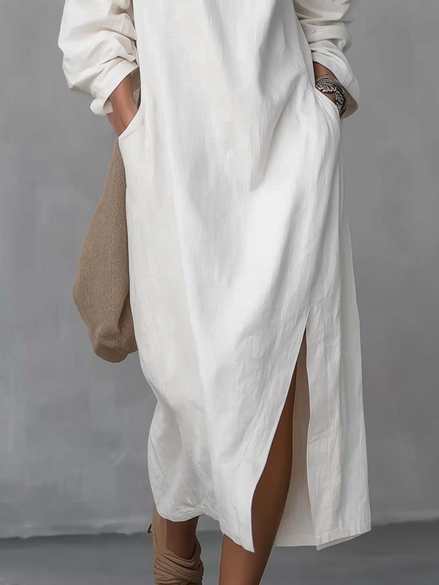One Shoulder Cotton Linen Midi Dress with Split Hem for Casual Wear