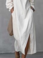 One Shoulder Cotton Linen Midi Dress with Split Hem for Casual Wear
