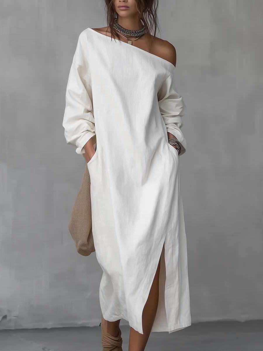 One Shoulder Cotton Linen Midi Dress with Split Hem for Casual Wear