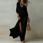 One Shoulder Long Sleeve Maxi Dress - Elegant Bohemian Casual Holiday Wear