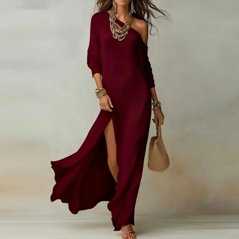 One Shoulder Long Sleeve Maxi Dress - Elegant Bohemian Casual Holiday Wear