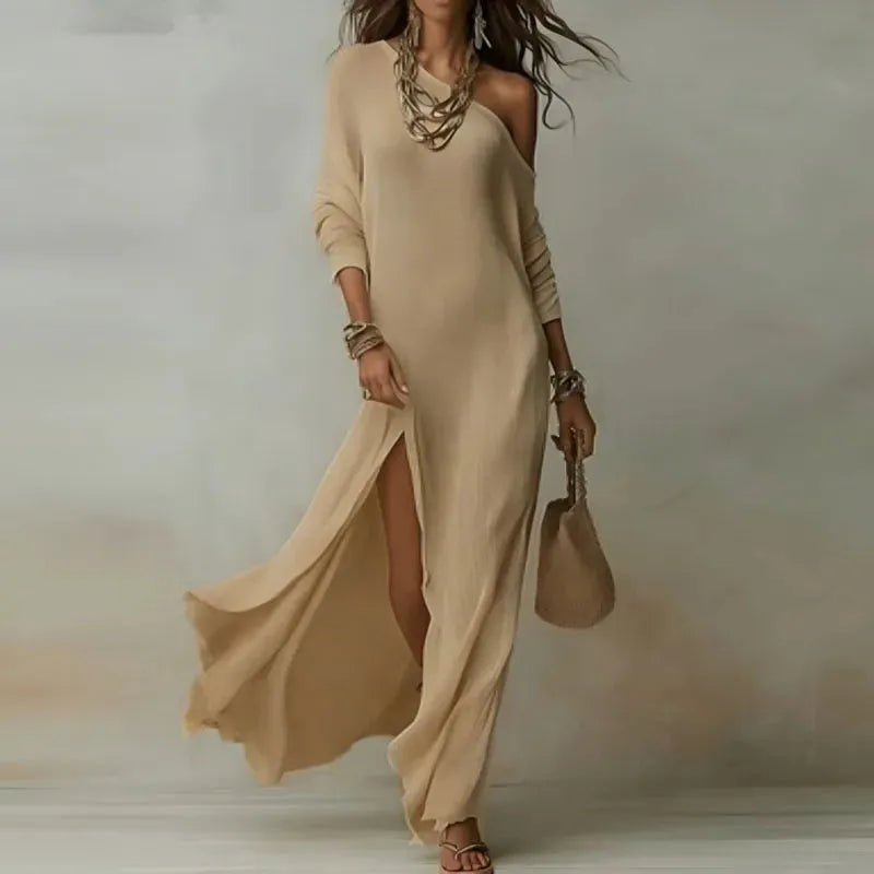 One Shoulder Long Sleeve Maxi Dress - Elegant Bohemian Casual Holiday Wear