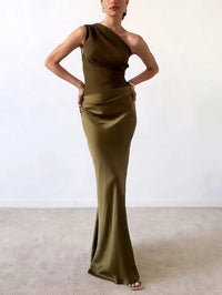 One Shoulder Pleated Maxi Dress - Elegant Party Wear for Women