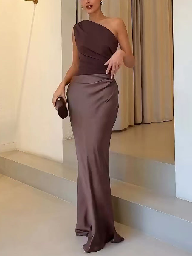 One Shoulder Pleated Maxi Dress - Elegant Party Wear for Women