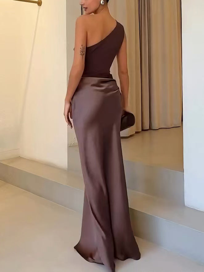 One Shoulder Pleated Maxi Dress - Elegant Party Wear for Women