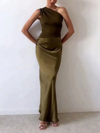 One Shoulder Pleated Maxi Dress - Elegant Party Wear for Women