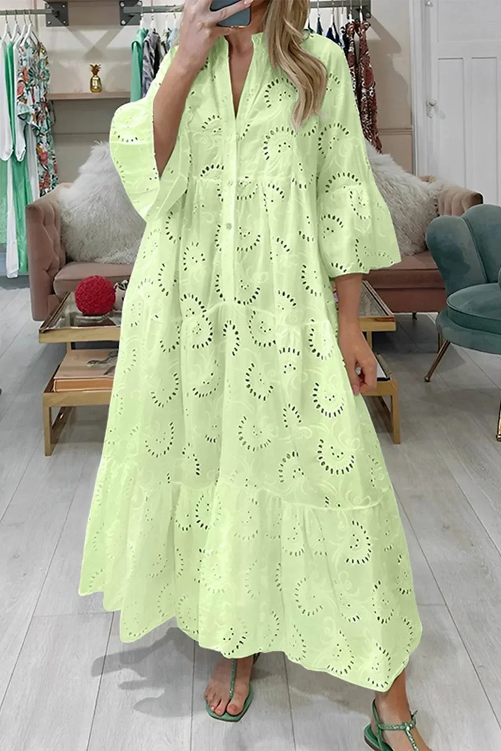Openwork Maxi Dress with 3/4 Sleeves and V-Neck Women UK – Summer Holiday Resort Wear Garden Party