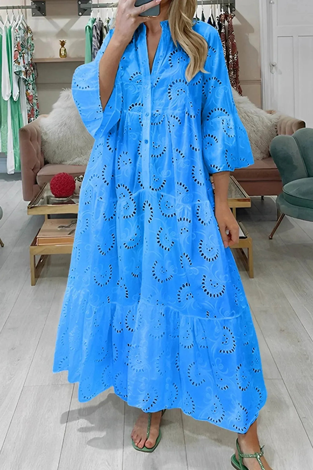 Openwork Maxi Dress with 3/4 Sleeves and V-Neck Women UK – Summer Holiday Resort Wear Garden Party