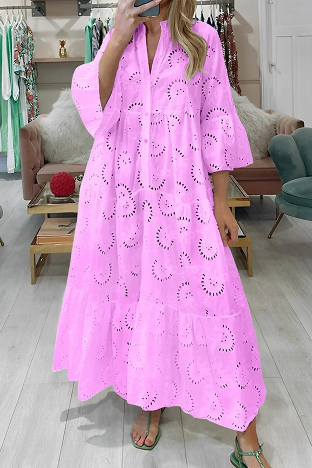 Openwork Maxi Dress with 3/4 Sleeves and V-Neck Women UK – Summer Holiday Resort Wear Garden Party