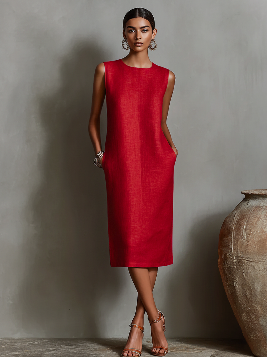 Orange Linen Shift Dress for Women - Sleeveless, Round Neck, Side Pockets