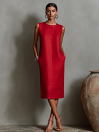 Orange Linen Shift Dress for Women - Sleeveless, Round Neck, Side Pockets