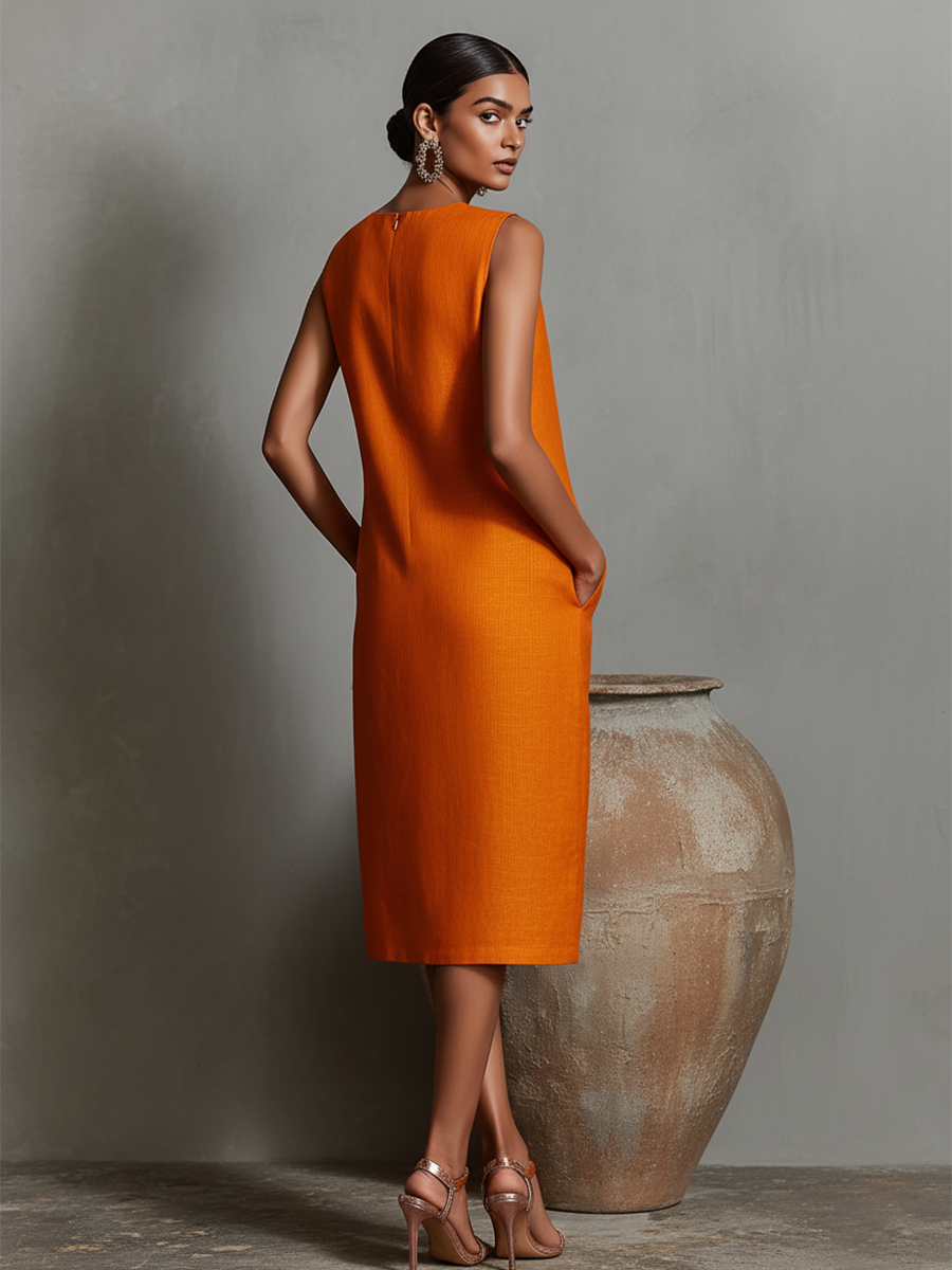 Orange Linen Shift Dress for Women - Sleeveless, Round Neck, Side Pockets