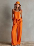 Orange Linen Two-Piece Set - Square Neck Cami Top & Tie-Waist Wide-Leg Pants